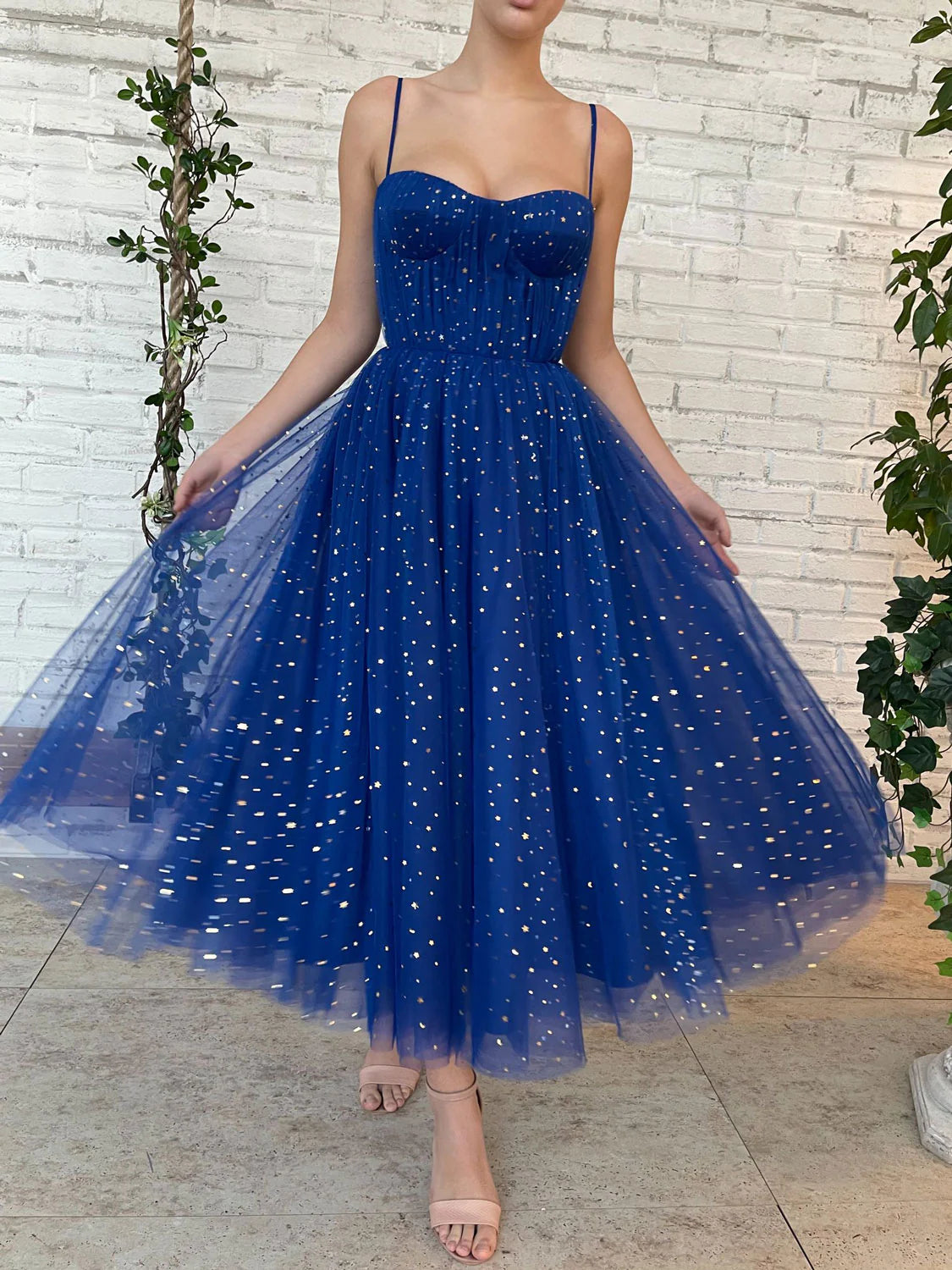 Sequins/Sparkling Blue Tulle Tea Length Prom Dres Homecoming Dress