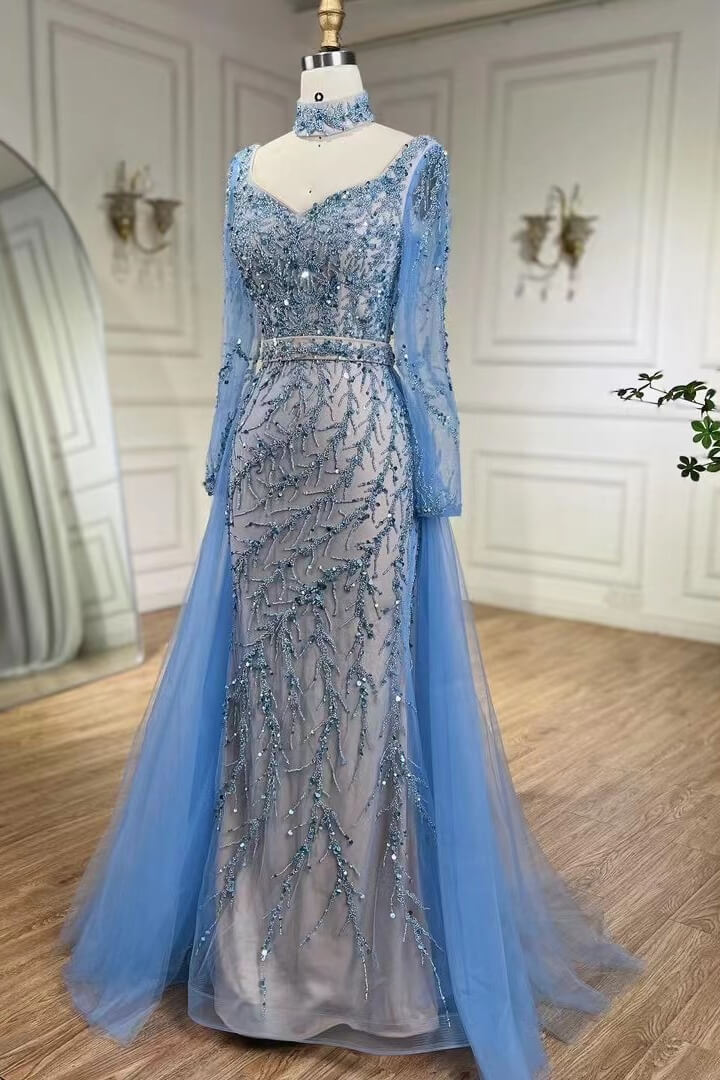 Blue High Neck Sweetheart Mermaid Evening Gown With Beadings Detachable Skirt Long Sleeves