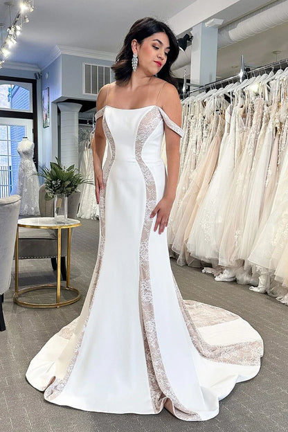 Simple Mermaid Cold Shoulder Satin Wedding Dresses with Lace