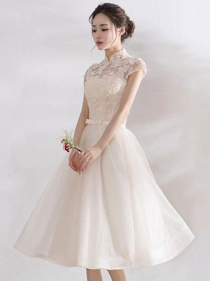 Ivory Cocktail Dress Collar Lace Applique Cap Sleeve Bow Sash Illusion Organza Homecoming Dress