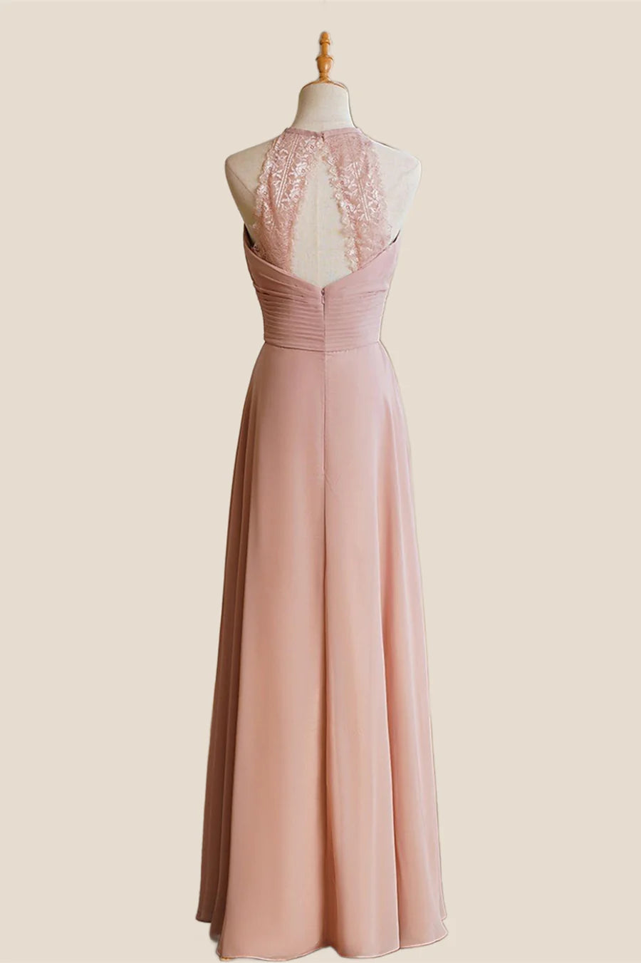 Jewel Blush Chiffon Halterneck Lace Empire Long Bridesmaid Dress