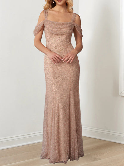 Sequins/Sparkling Off-The-Shoulder Draped Sleeves Evening Dresses