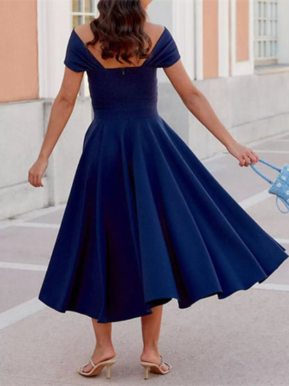 A-Line Off-The-Shoulder Cocktail Dress Elegant Tea-Length Pleated Stretch Crepe Party Dresses