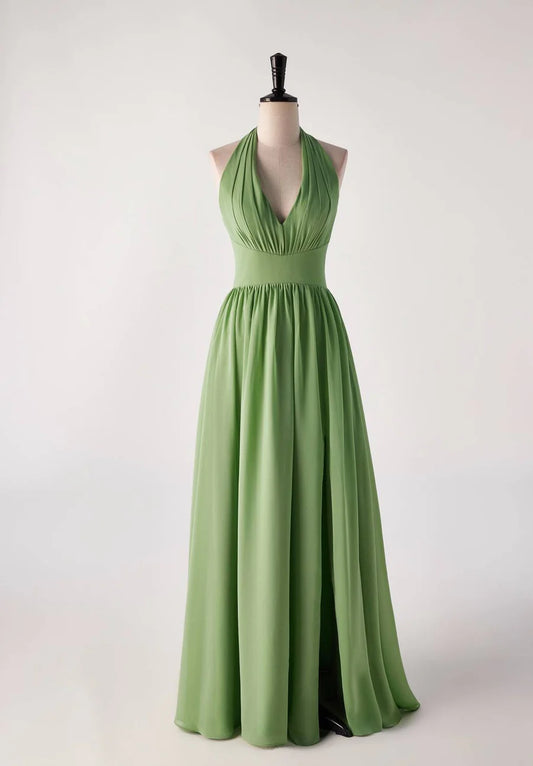 Halter V Neck Matcha Green Empire Long Bridesmaid Dress Floor-length Prom Dresses