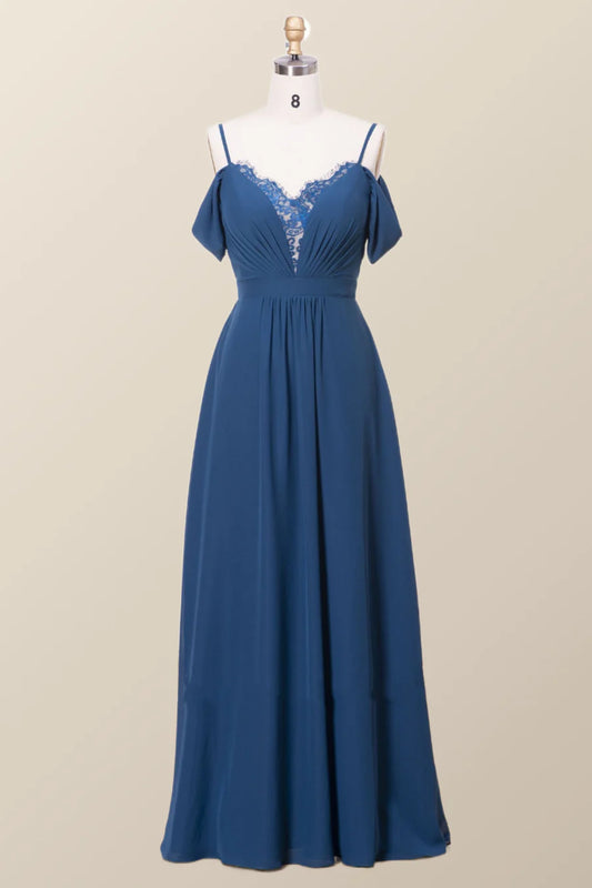 A-Line Off the Shoulder Navy Blue Chiffon Long Bridesmaid Dress Floor-length Dresses