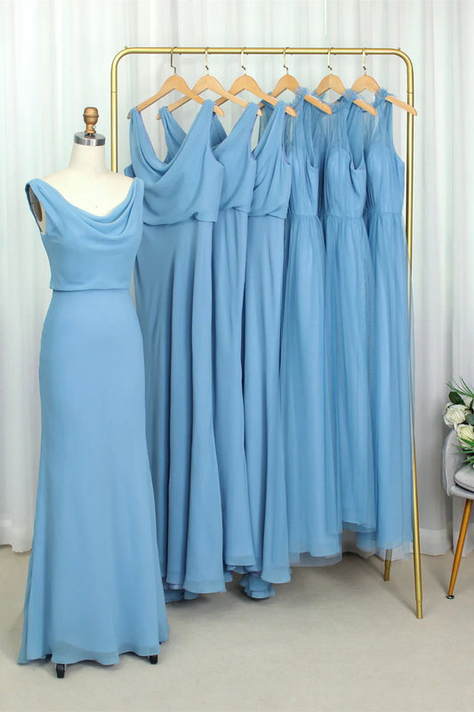 Cowl Neck Blue Chiffon Sheath Long Bridesmaid Dress Mermaid Floor-length Prom Dresses