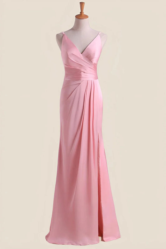 Pink Pleated Faux-Wrap Long Party Dress Bridesmaid Dresses Floor-length Prom Dresses