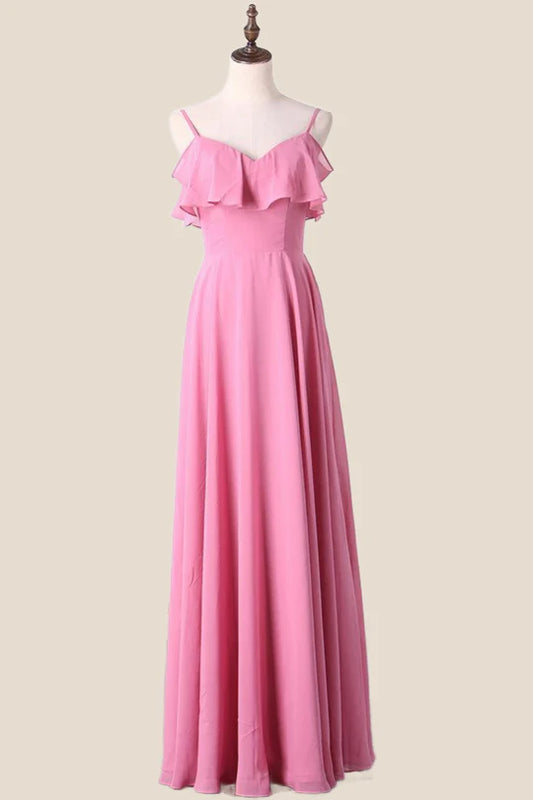 Cold Shoulders Pink Chiffon Ruffles A-line Bridesmaid Dress Floor-length Prom Dresses