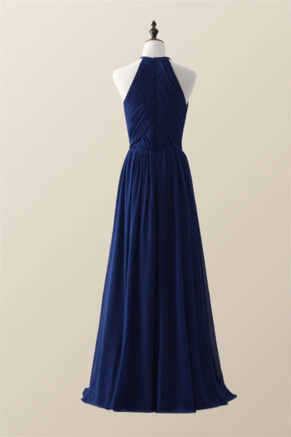 Halter Dark-Navy Pleated Long Bridesmaid Dress A-Line Floor-length Prom Dresses