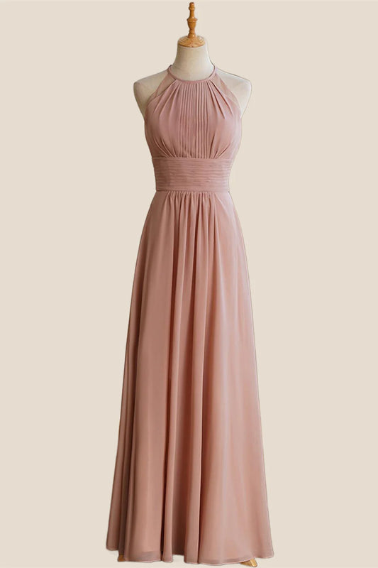 Jewel Blush Chiffon Halterneck Lace Empire Long Bridesmaid Dress