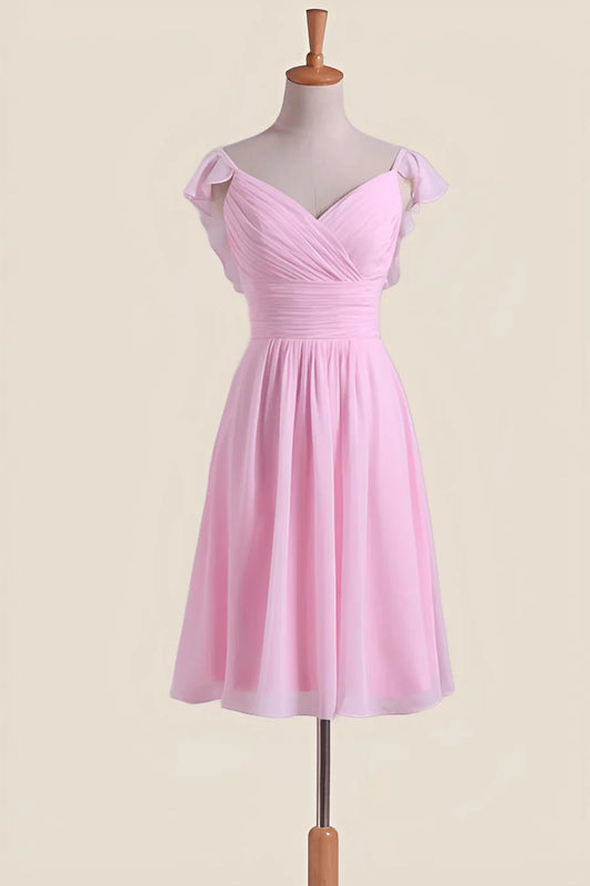 A-Line Princess Chiffon Pink Pleated Cap Sleeves Short Bridesmaid Dress