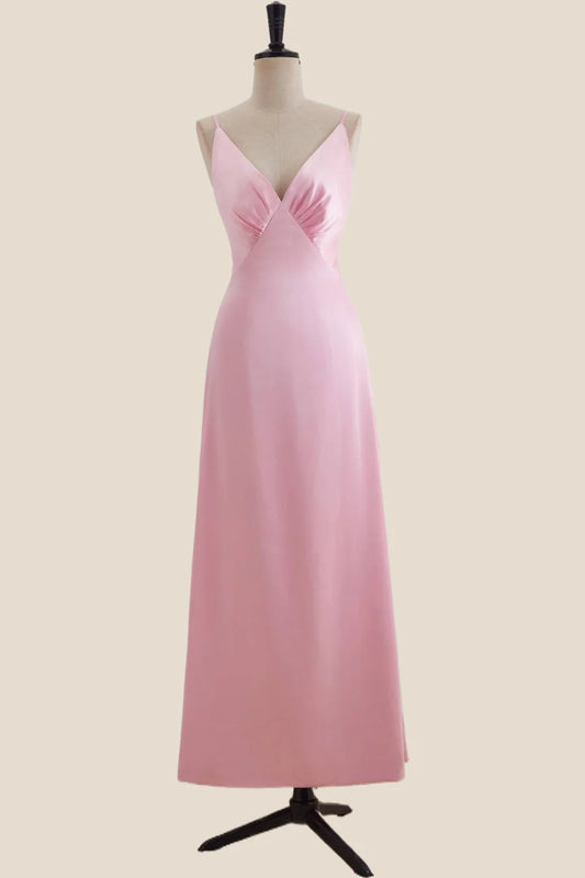 V Neck Pink Satin A-line Long Party Dress Bridesmaid Dresses