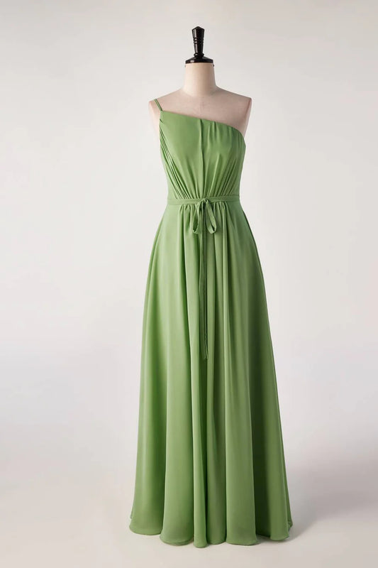 One Shoulder Matcha Green Long Bridesmaid Dress with Sash Floor-length Prom Dresses