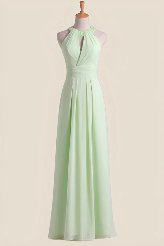 A-Line Halter Lemon Green Chiffon Long Bridesmaid Dress Floor-length Prom Dresses