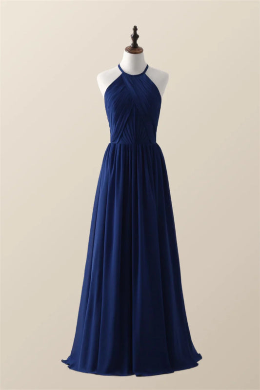 Halter Dark-Navy Pleated Long Bridesmaid Dress A-Line Floor-length Prom Dresses