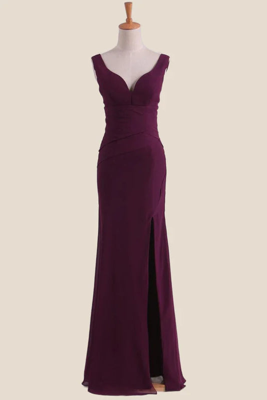 A-Line Sheath Grape Empire Fit Long Bridesmaid Dress Prom Dresses with Slit