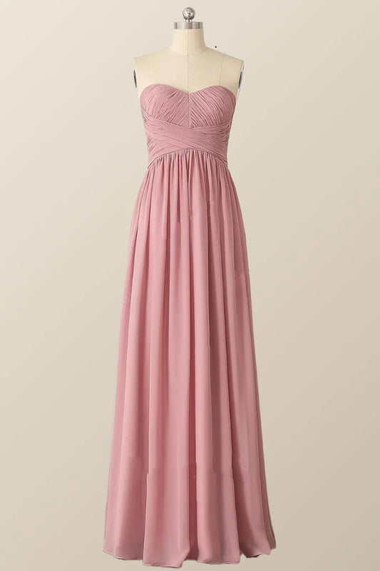 A-Line Princess Sweetheart Blush Pink Chiffon Long Bridesmaid Dress Prom Dresses