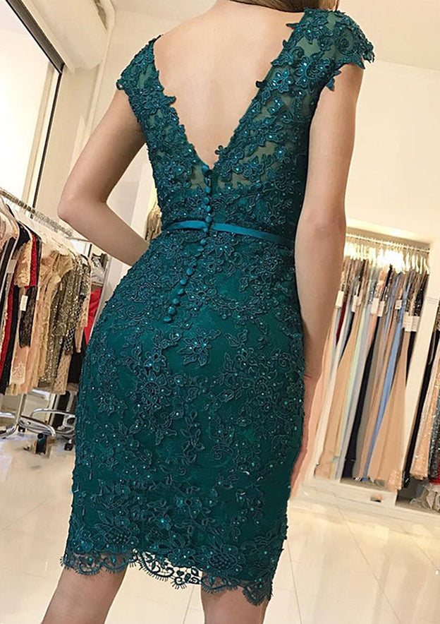 Sheath/Column V Neck Sleeveless Lace Knee-Length Homecoming Dress With Beading