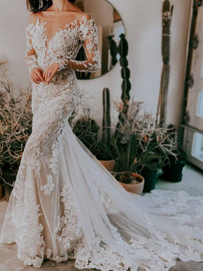 Mermaid Wedding Dress Illusion Neckline Long Sleeves Backless Lace With Train Bridal Dress