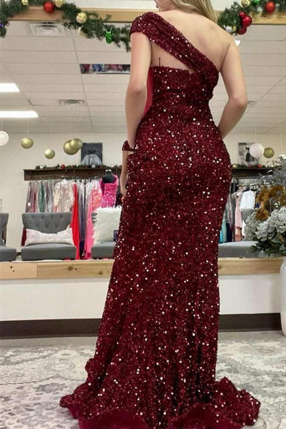 Burgundy One Shoulder Sleeveless Mermaid Evening Gown With Sequins Sweep/Brush Train Dresses