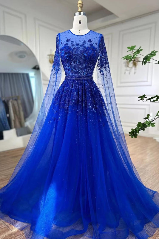 Royal Blue Scoop A-Line Evening Gown Prom Dresses With Beadings Online Ruffle Sleeves