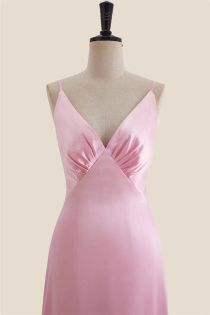 V Neck Pink Satin A-line Long Party Dress Bridesmaid Dresses