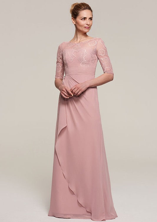 Sheath/Column Bateau Floor-Length Chiffon Mother of the Bride Dress With Ruffles Appliqued Pleated