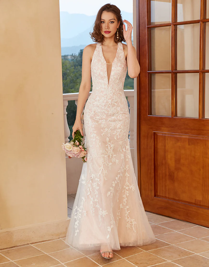 Mermaid Deep V Neck Lace Tulle Wedding Dress with Appliques