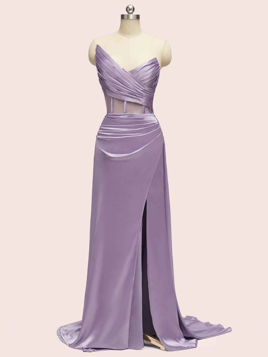 Sexy See Through Side Slit Long Soft Satin Bridesmaid Dresses