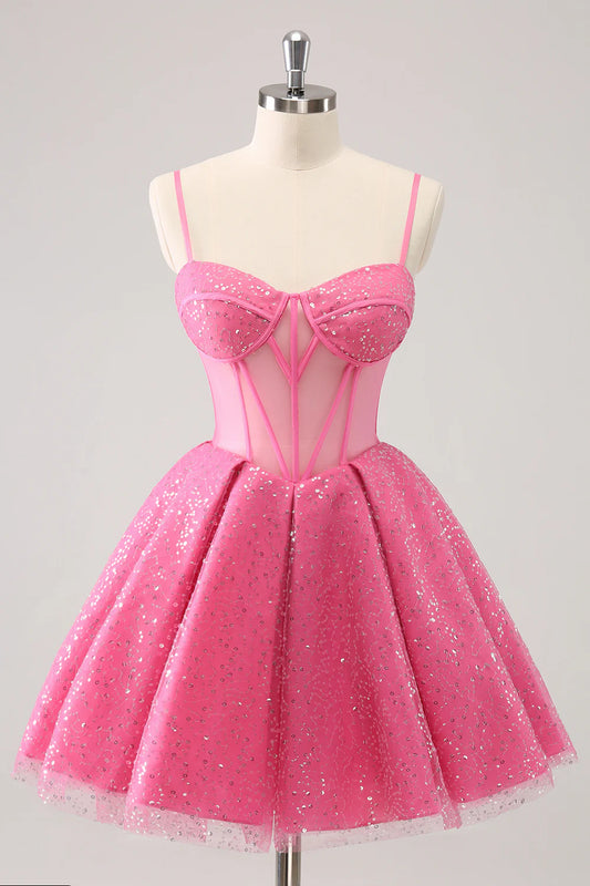 Pink Cute A-Line Spaghetti Straps Sweetheart Corset Homecoming Dress Cocktail Dress with Sequins