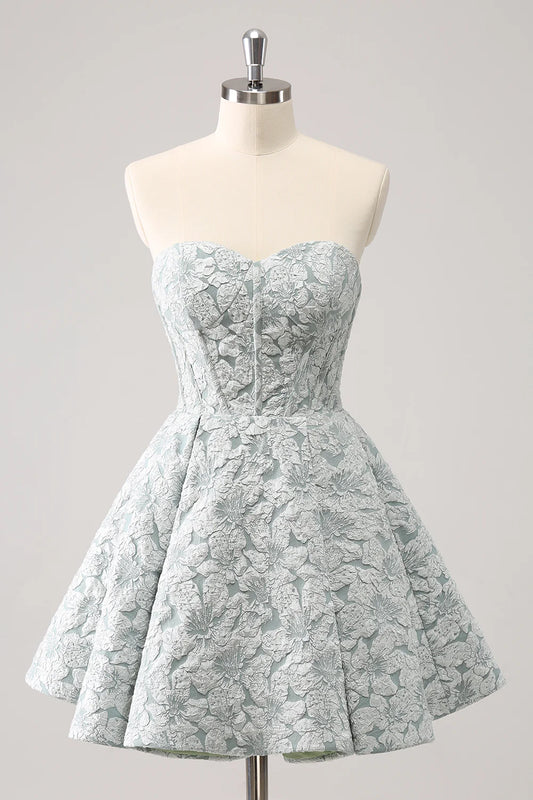 Grey Green A-Line Strapless Floral Corset Short Homecoming Dress