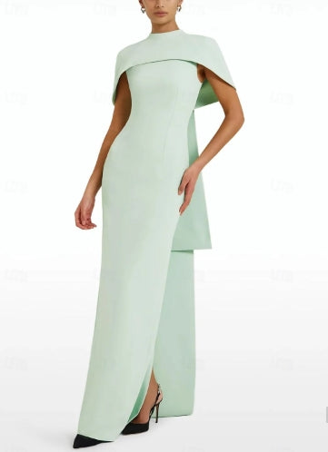 Sheath / Column Evening Gown Formal Sweep / Brush Train Sleeveless Jewel Neck Stretch Crepe