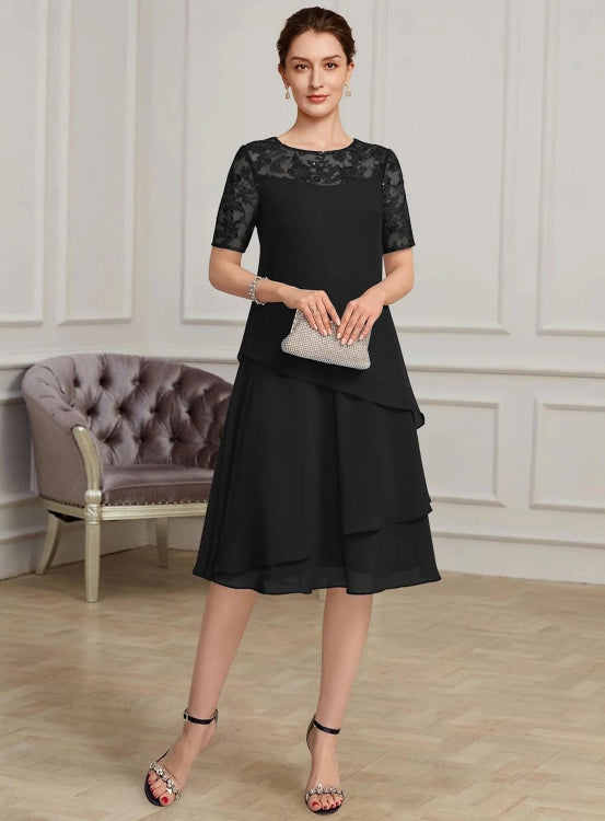 A-Line Mother of the Bride Dress Wedding Guest Formal Jewel Neck Tea Length Chiffon With Lace