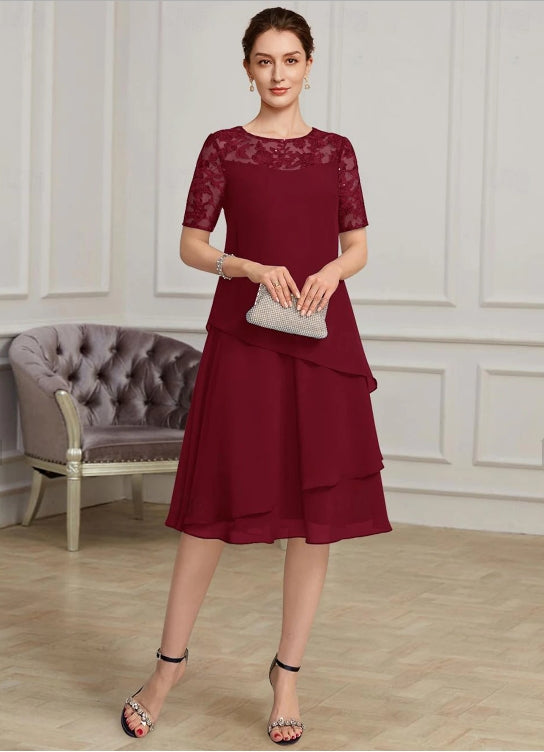 A-Line Mother of the Bride Dress Wedding Guest Formal Jewel Neck Tea Length Chiffon With Lace