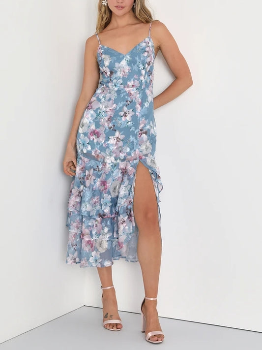 Light Blue Floral Jacquard Tiered Midi Dress Wedding Guest Party Dresses