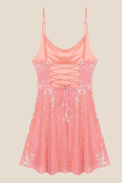 A-Line Princess Straps Coral Sequin Short Homecoming Dress Party Dresses