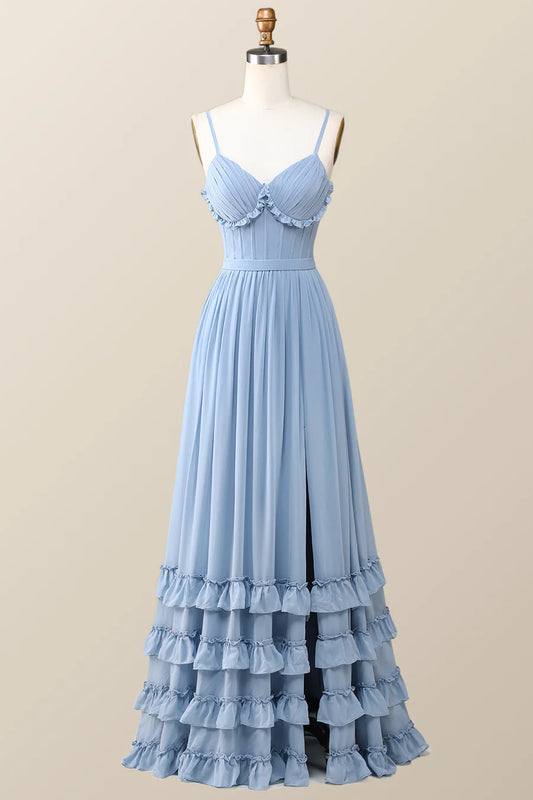 A-Line Princess Boho Style Dusty Blue Ruffles Long Bridesmaid Dress