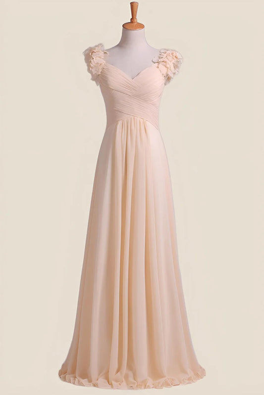 Champagne Pleated Chiffon A-Line Princess Long Bridesmaid Dress Floor-length Prom Dresses