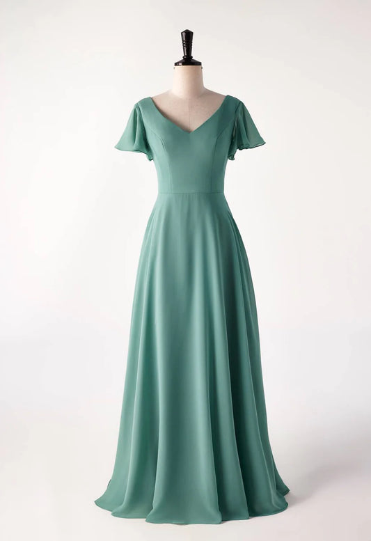 A-Line Princess V-Neck Flare Sleeves Eucalyptus Chiffon Long Bridesmaid Dress