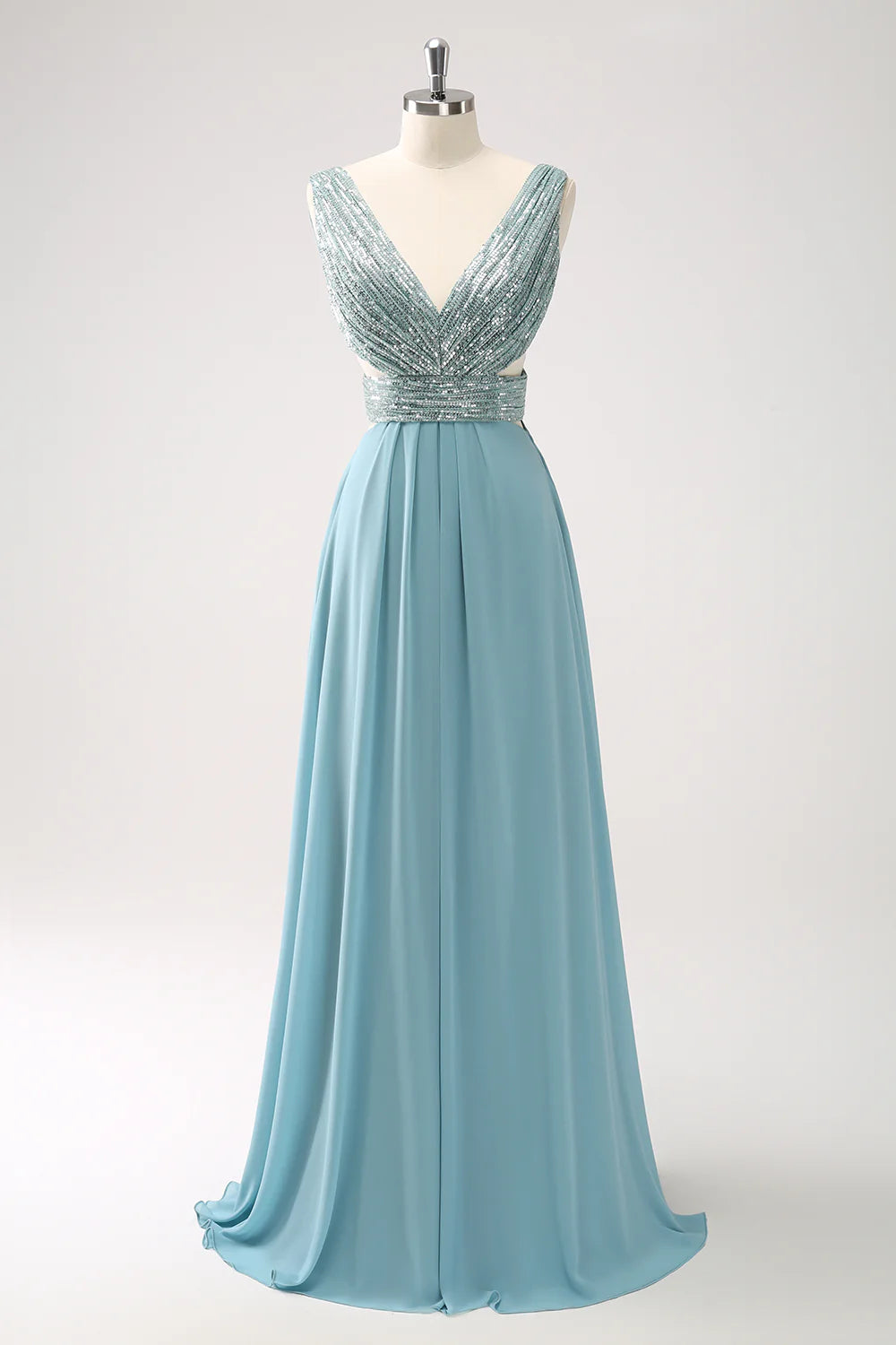 V Neck A-Line Sequins Chiffon Long Bridesmaid Dress