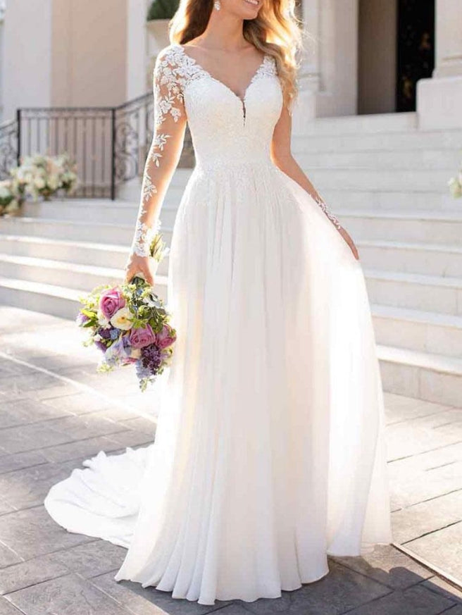 Lace Wedding Dresses Chiffon V Neck A Line Long Sleeve Lace Applique Beach Wedding Bridal Dress With Train