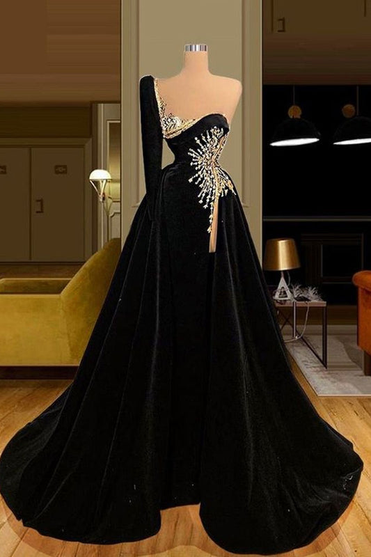 Black One Shoulder Long Sleeve Evening Dresses Prom Dresses Overskirt High Split With Beadings