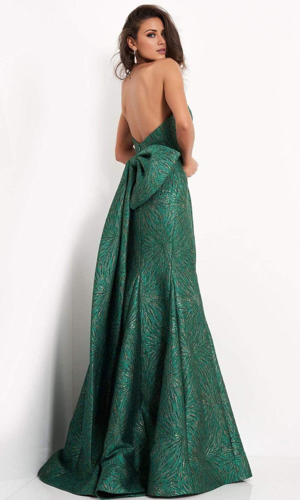 Strapless Bow Accent Open Back Jacquard Sweetheart Evening Dress