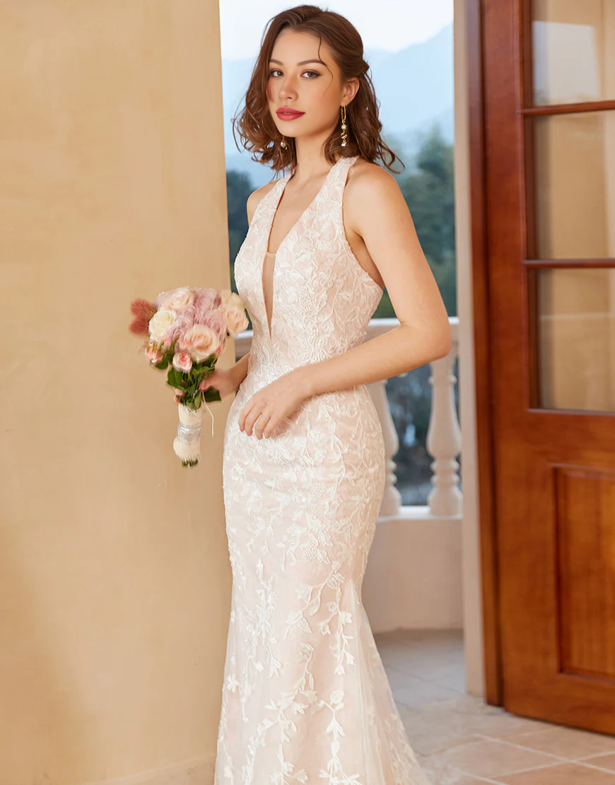 Mermaid Deep V Neck Lace Tulle Wedding Dress with Appliques