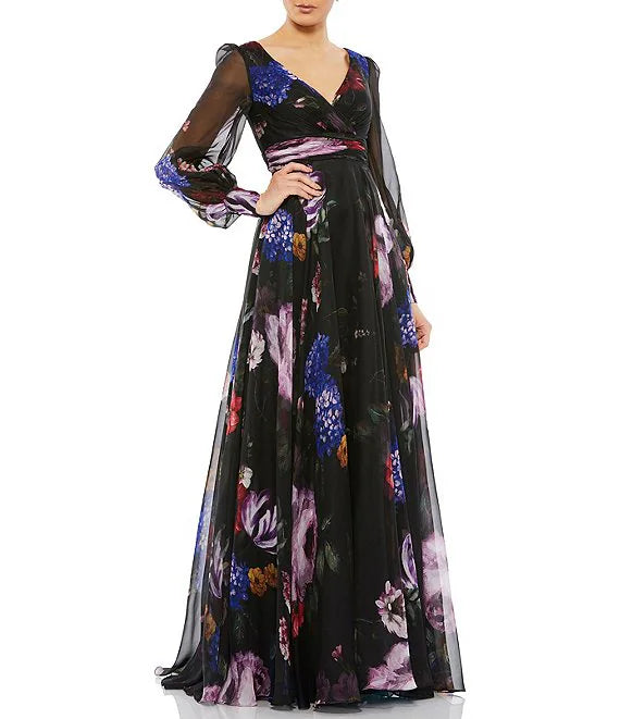 Floral Chiffon V-Neck Illusion Sheer Sleeve Pleated Gown Wedding Guest Party Dresses