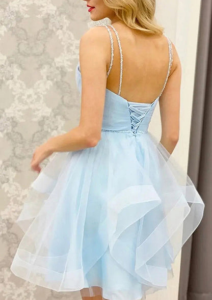 A-line V Neck Sleeveless Tulle Homecoming Dress With Beading Pleated