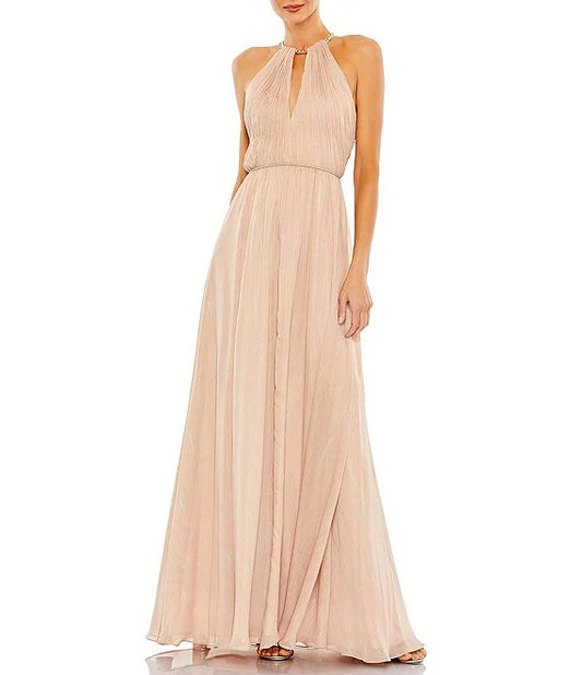 Keyhole Neck Metallic Chiffon Gown Floor-length Wedding Guest Party Dresses