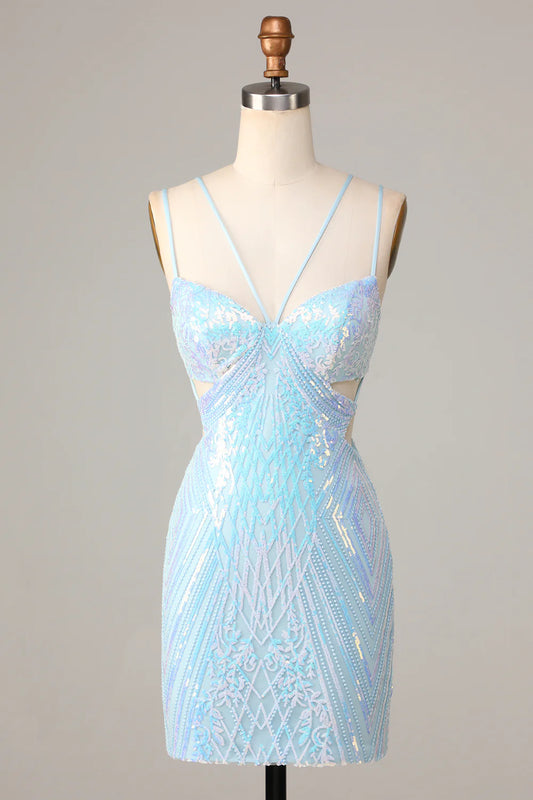 Bodycon Spaghetti Straps Blue Sequins Short Homecoming Dress