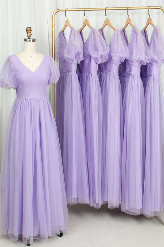 Short Puffy Sleeves Lavender Tulle Long Formal Dress A-Line Princess Bridesmaid Dresses