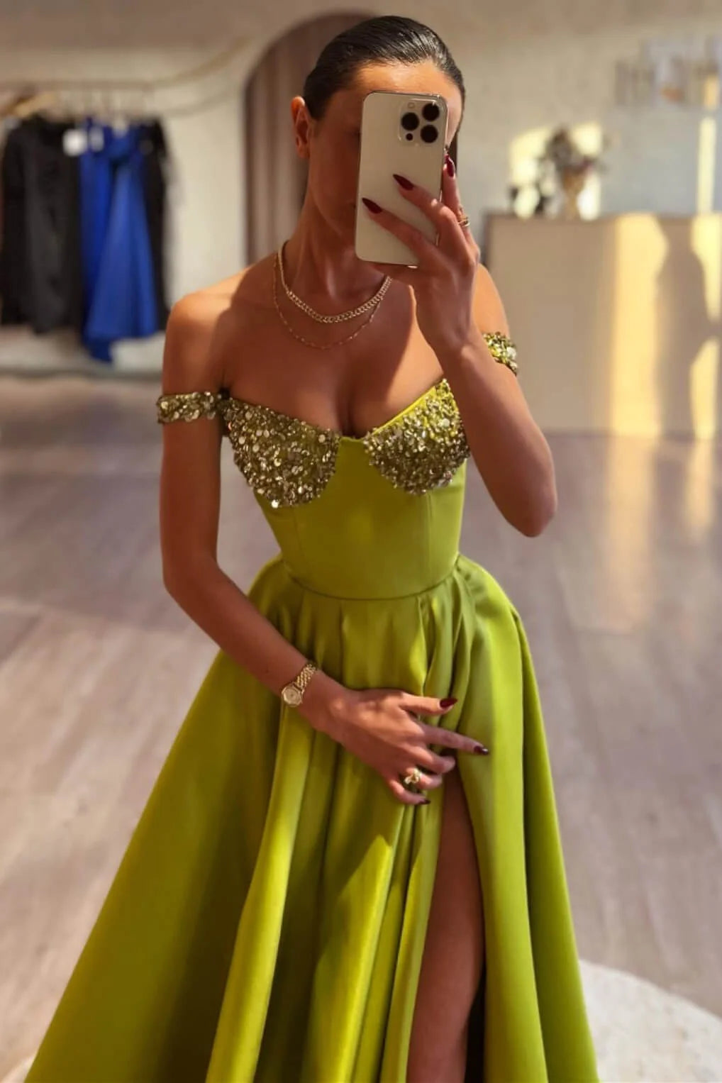 Off-the-Shoulder Olive Green Evening Dresses Prom Dresses A-Line Long Slit With Sequins